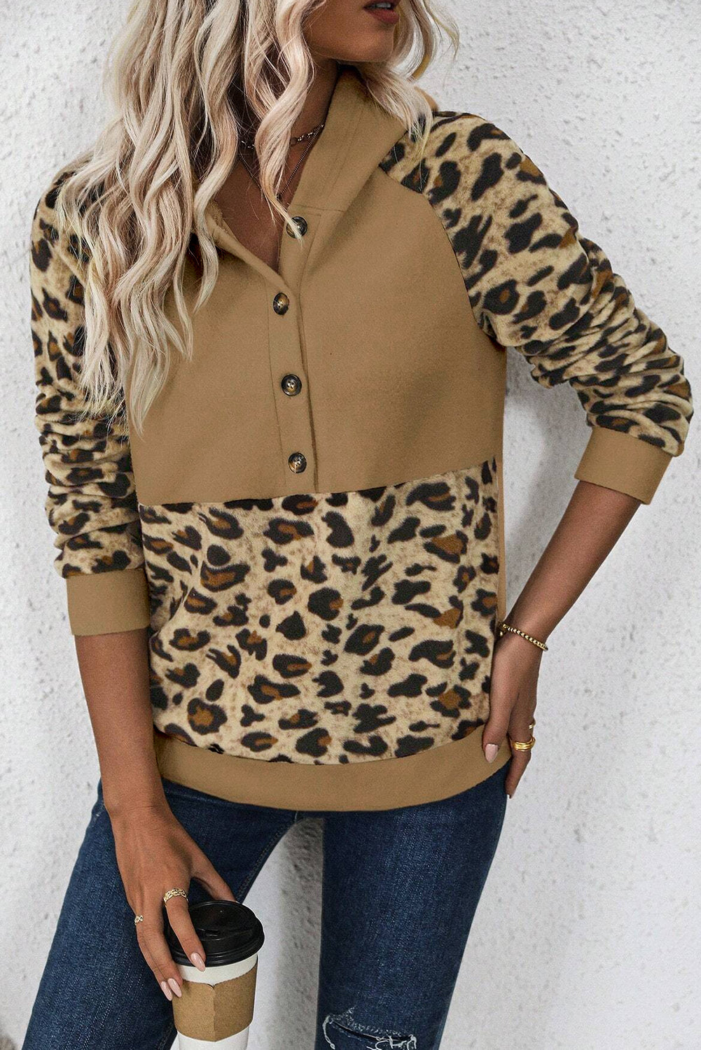 Leopard Patchwork Half-Button Hoodie