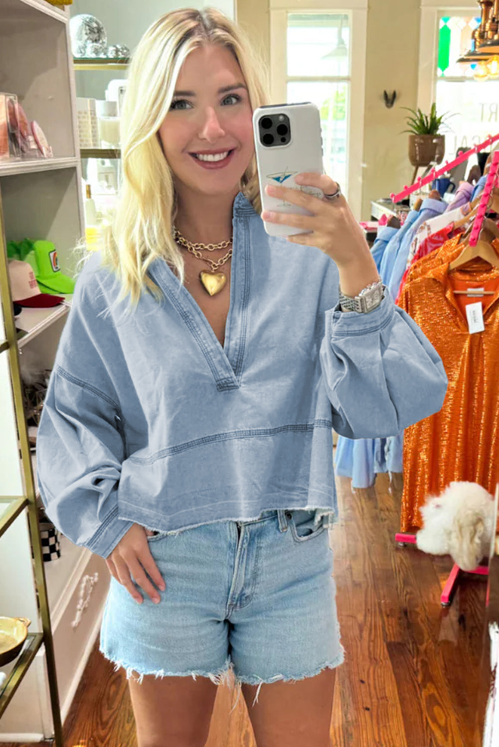 Light Wash V-Neck Denim Top