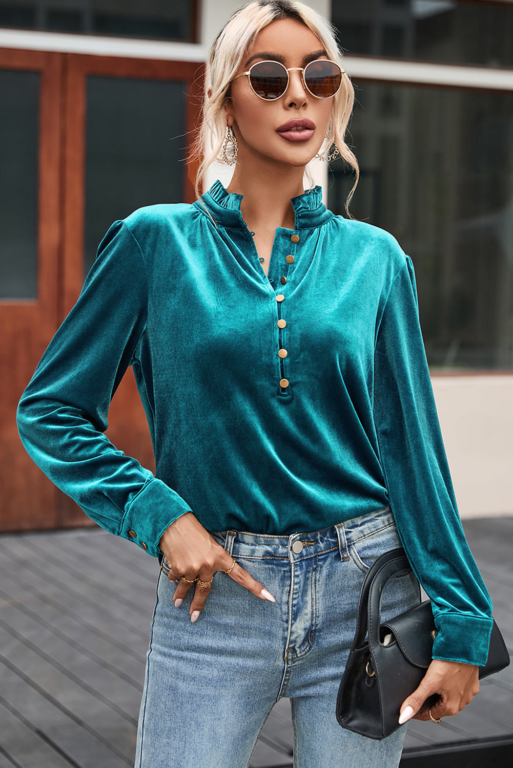 Frilled Button Velvet Top