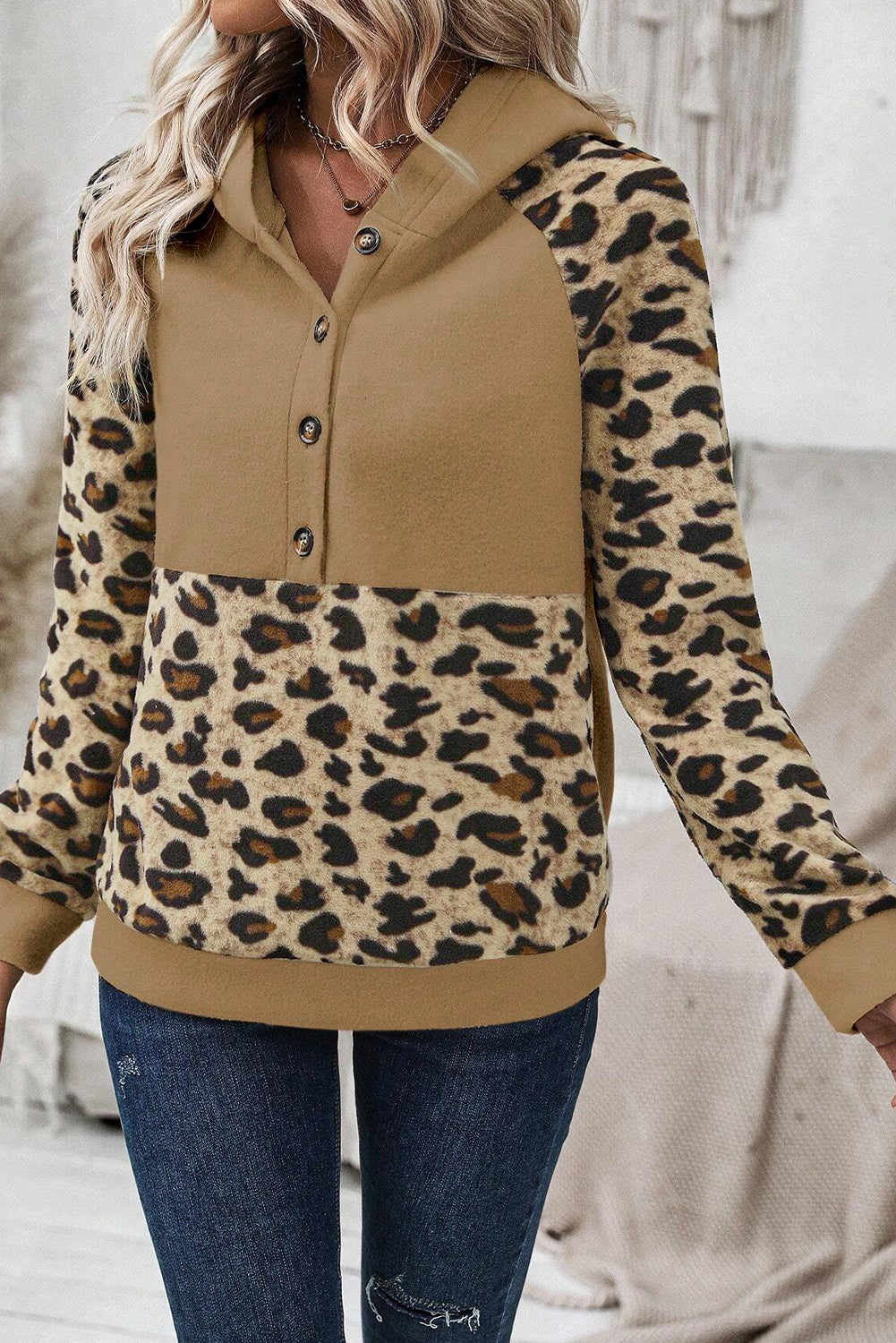 Leopard Patchwork Half-Button Hoodie