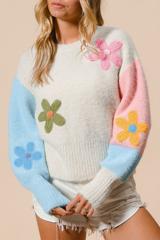 Floral Embroidered Fuzzy Sweater