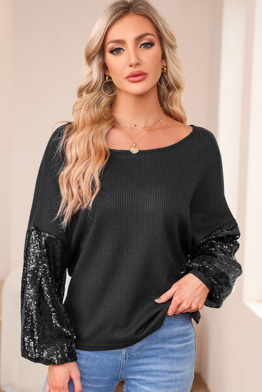 Sequin Waffle Knit Top