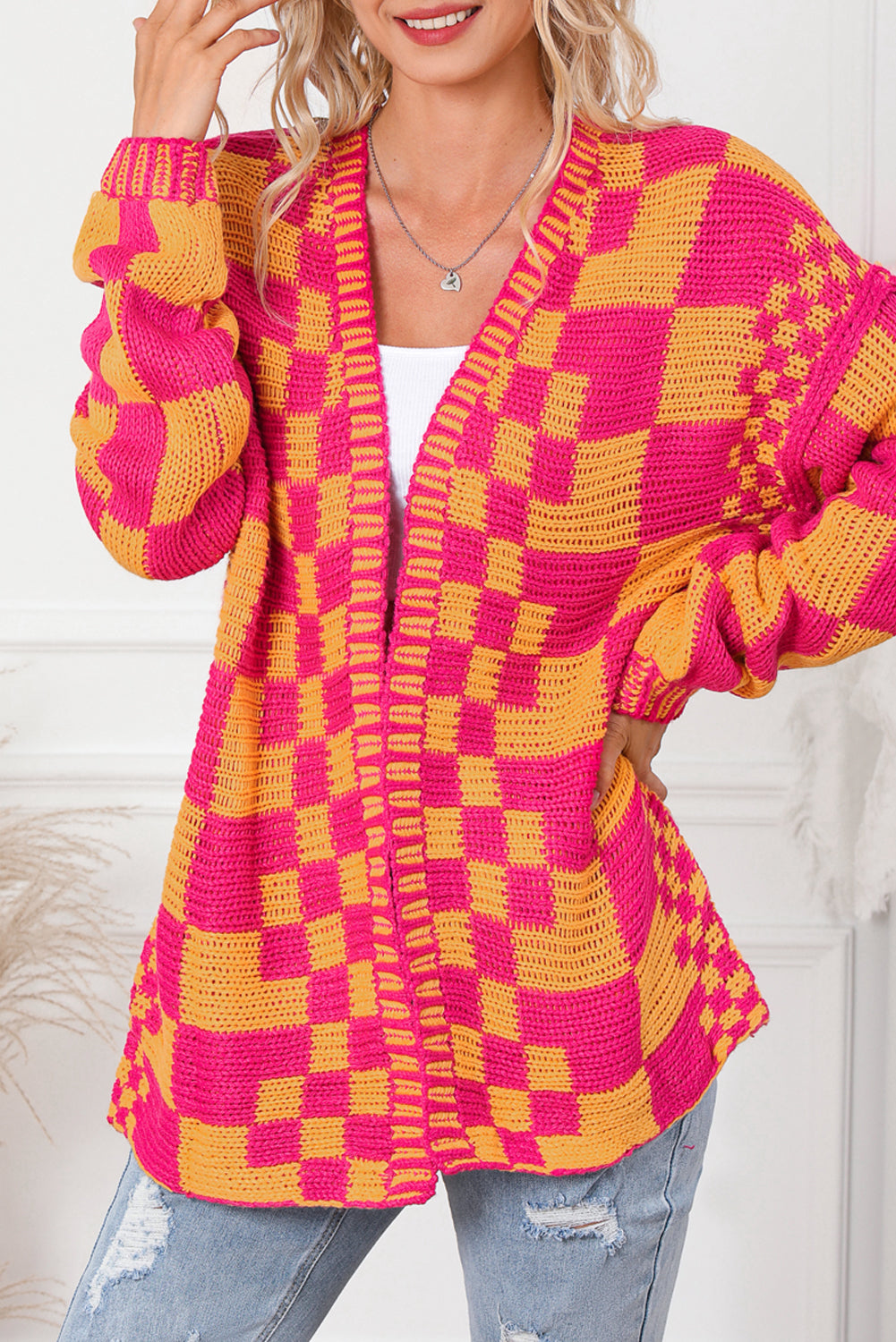 Mixed Checkered Knit Cardigan