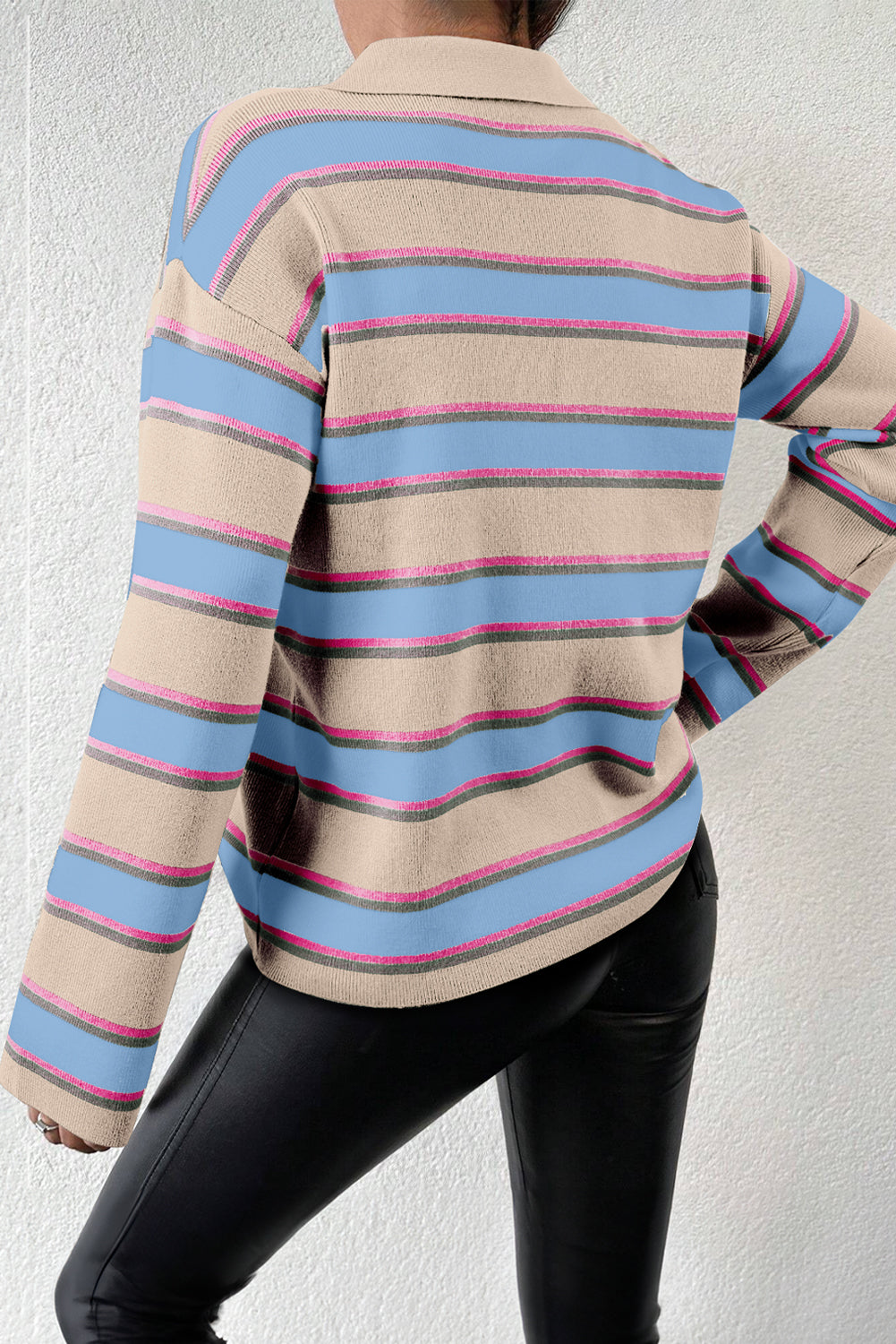 Stripe Collared V-Neck Drop Shoulder Long Sleeve Top