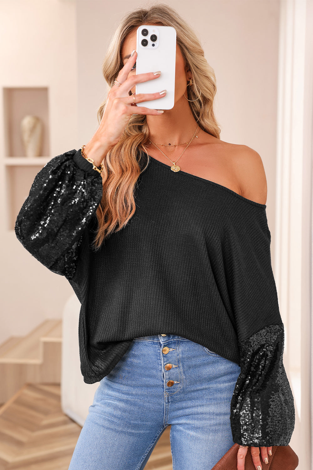 Sequin Waffle Knit Top