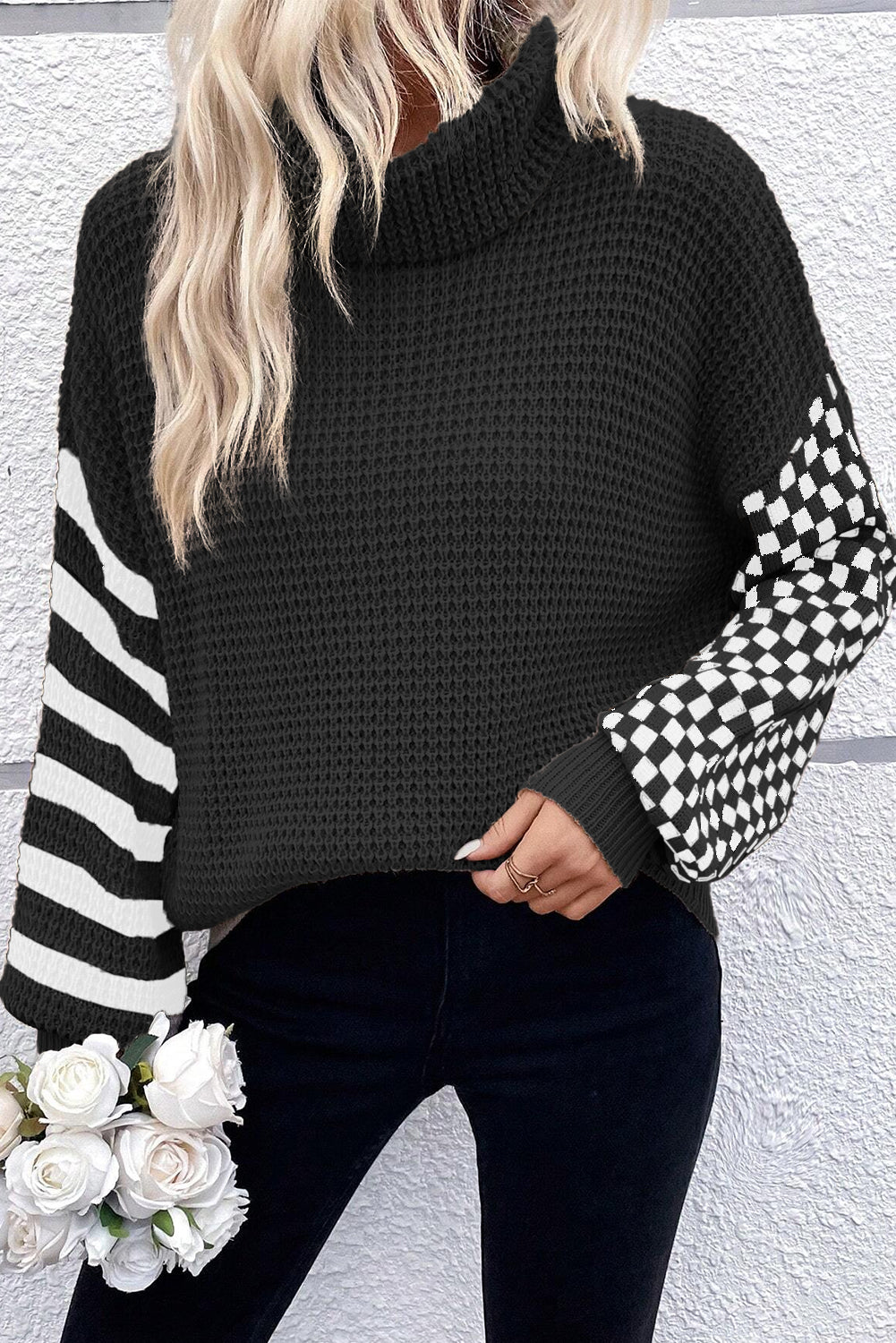 Striped Patchwork Waffle Knit Turtleneck