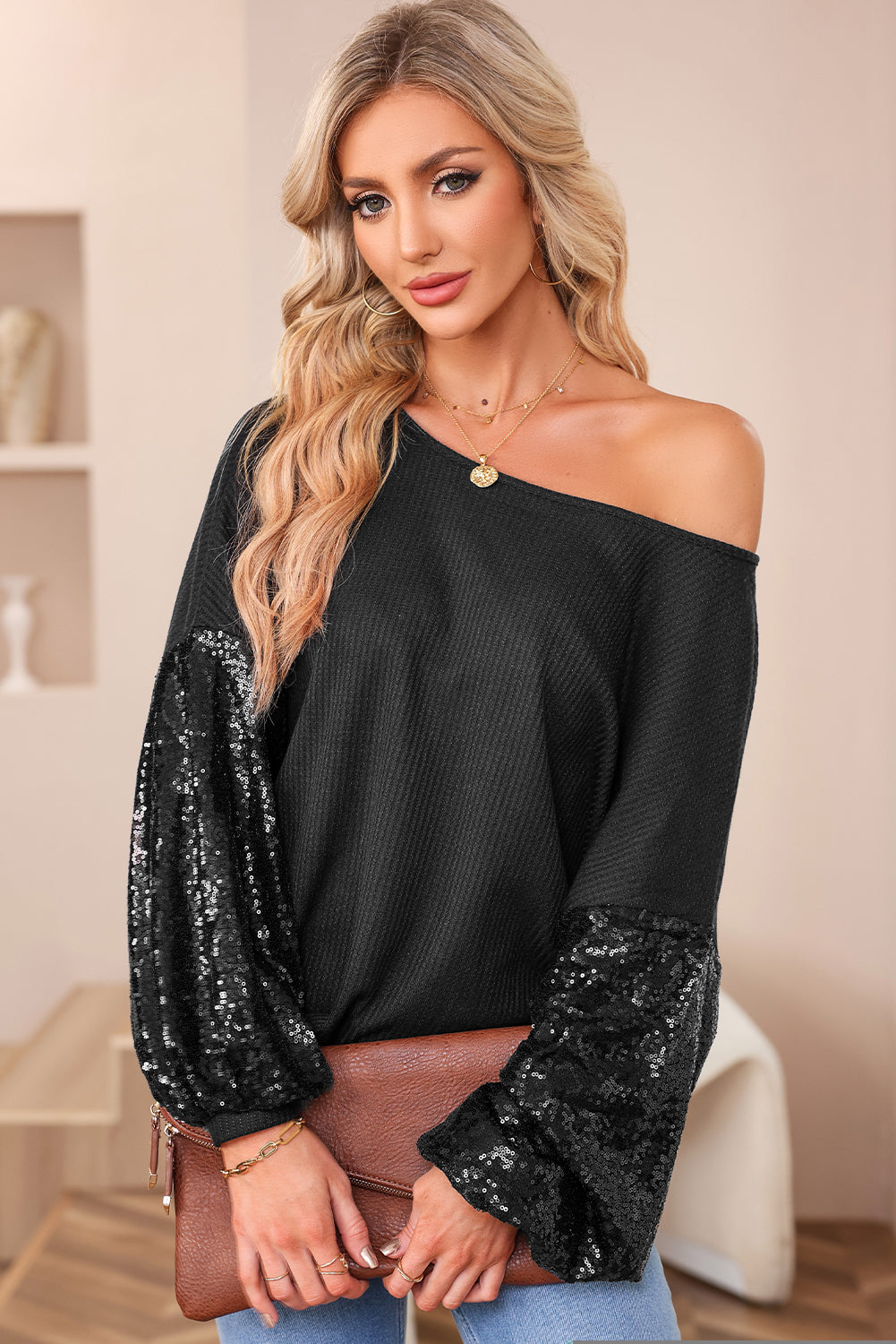 Sequin Waffle Knit Top