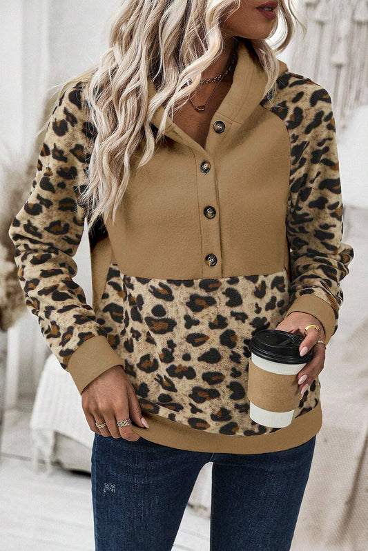 Leopard Patchwork Half-Button Hoodie