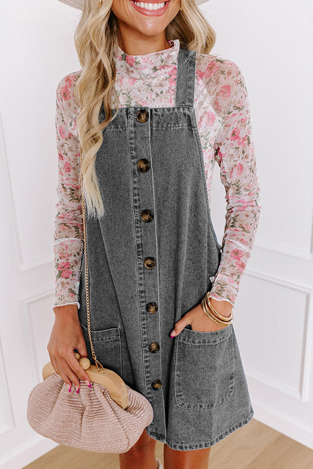 Button-Up Denim Overall Dress