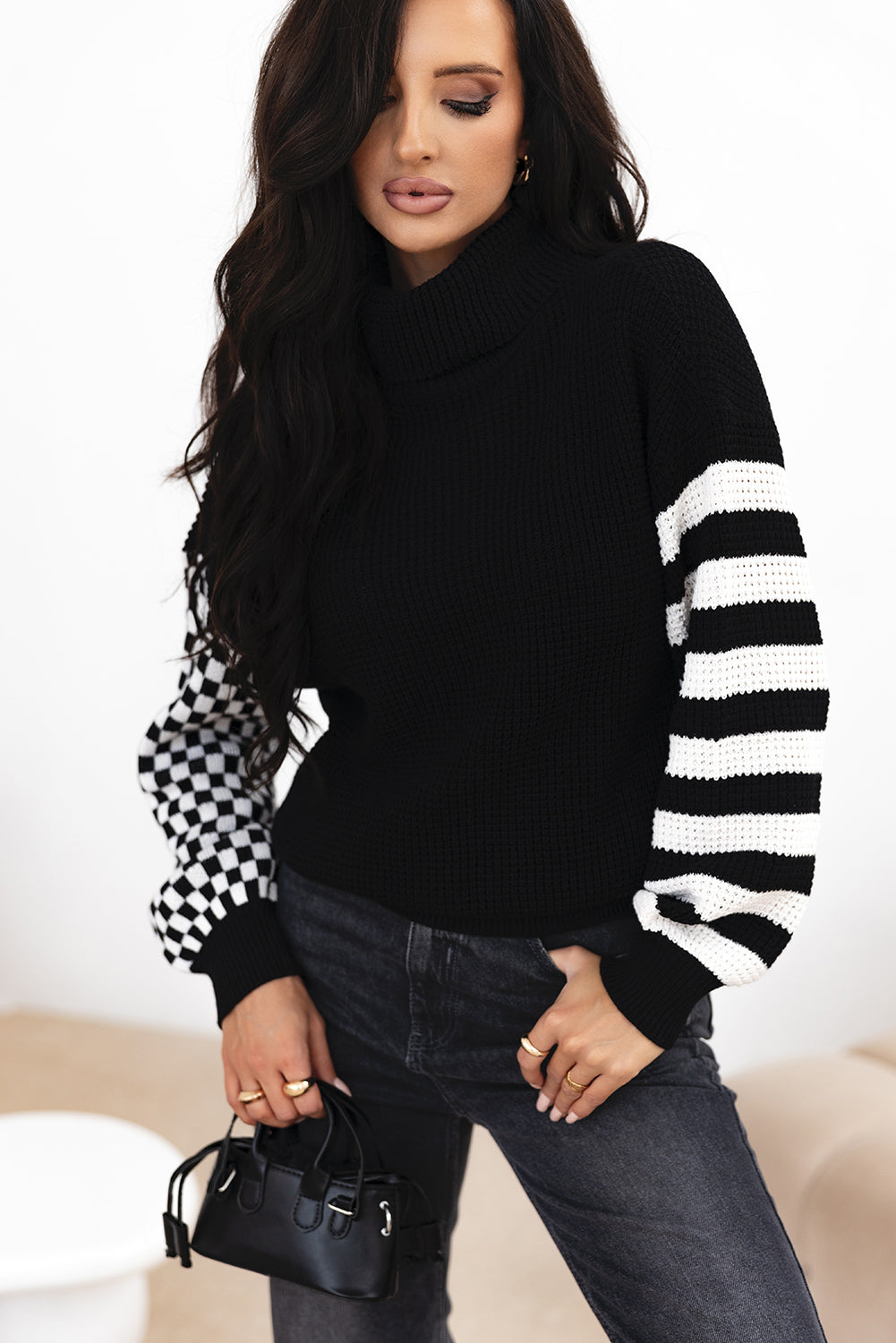 Striped Patchwork Waffle Knit Turtleneck