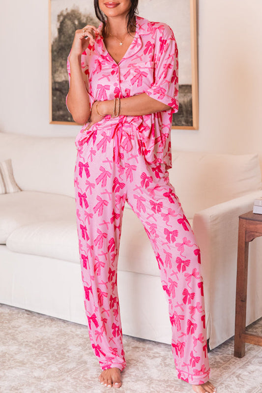 Pink Bow Knot Print Lapel Collar Short Sleeve and Pants Pajamas Set