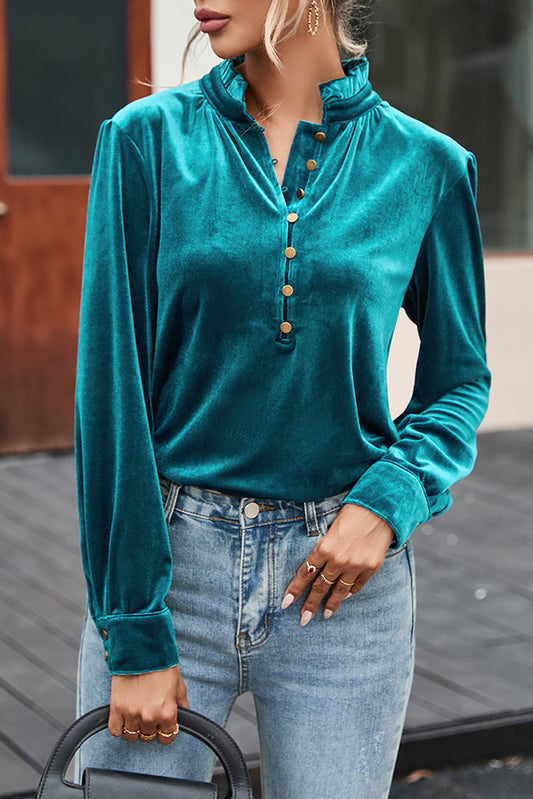 Frilled Button Velvet Top