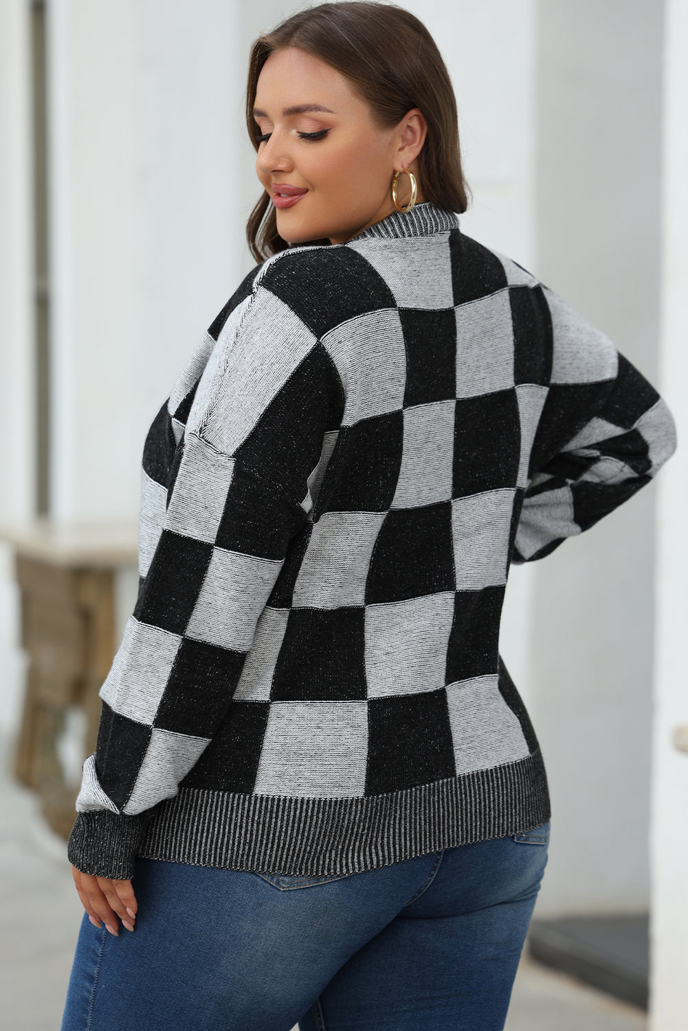 Checkered Button V-Neck Cardigan