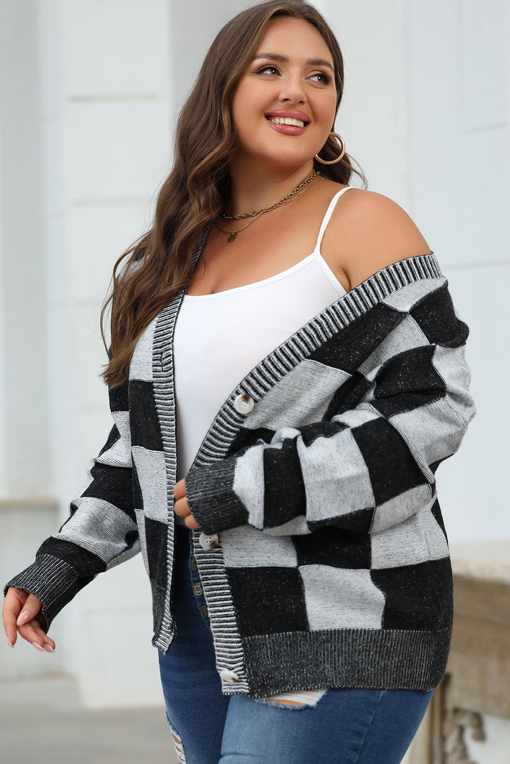 Checkered Button V-Neck Cardigan