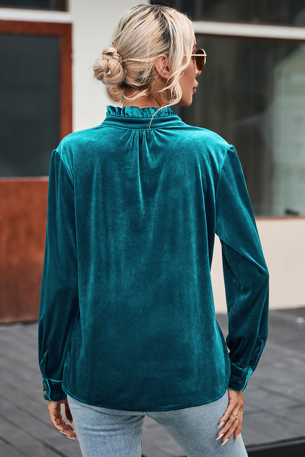 Frilled Button Velvet Top