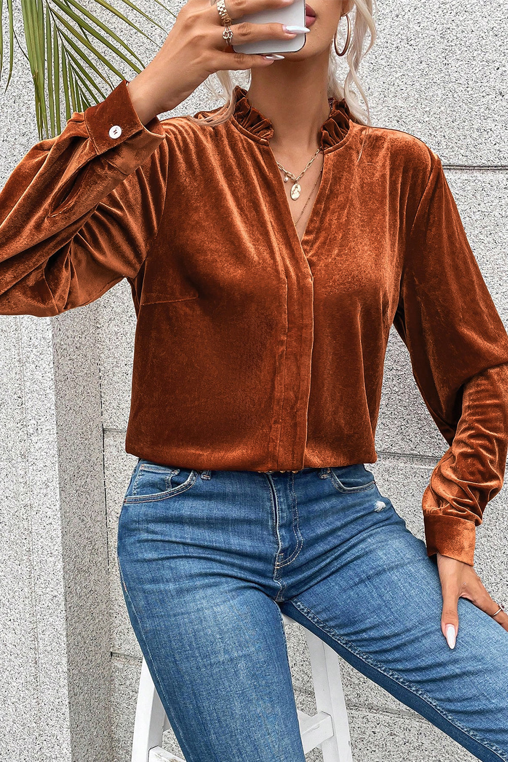 Frilled Collar Velvet Shirt