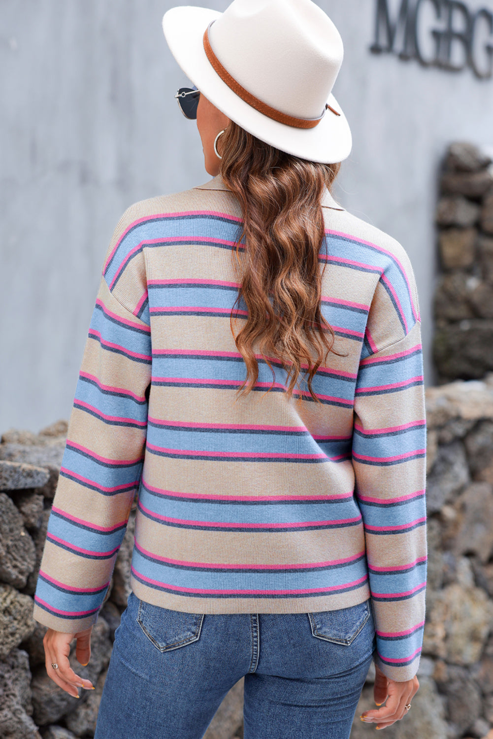 Stripe Collared V-Neck Drop Shoulder Long Sleeve Top