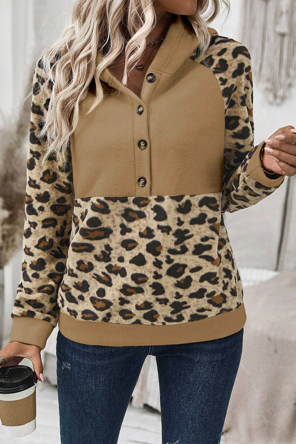 Leopard Patchwork Half-Button Hoodie