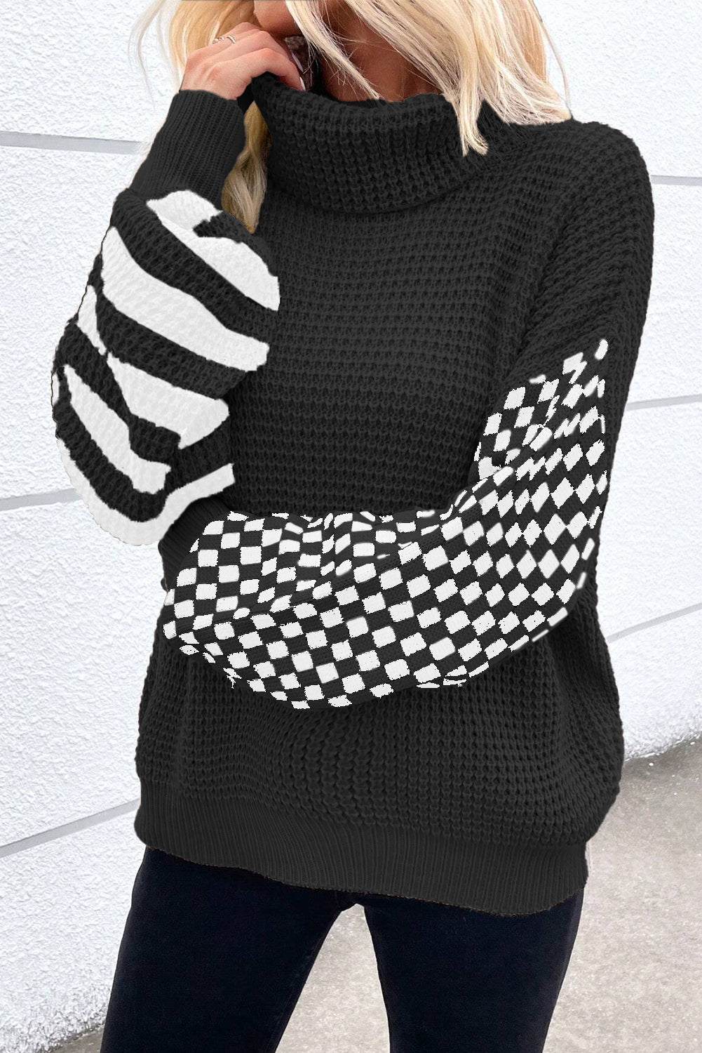 Striped Patchwork Waffle Knit Turtleneck