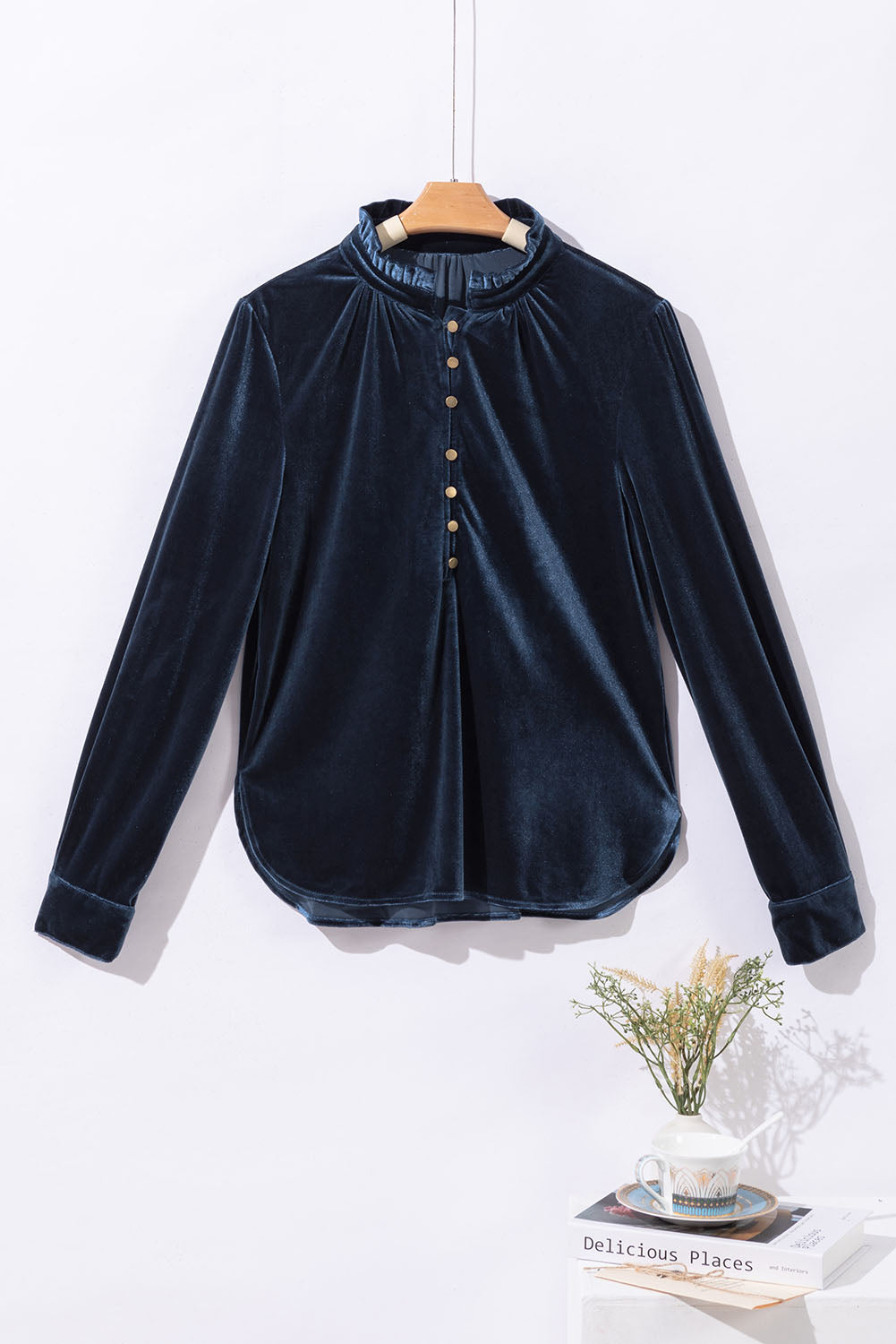 Frilled Button Velvet Top