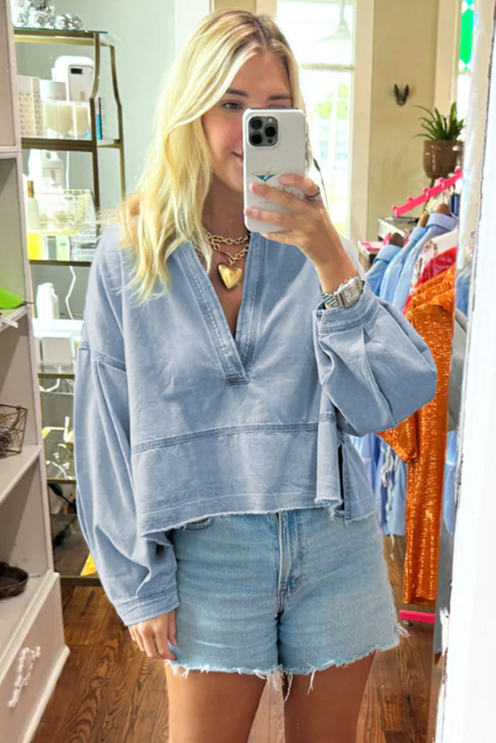 Light Wash V-Neck Denim Top