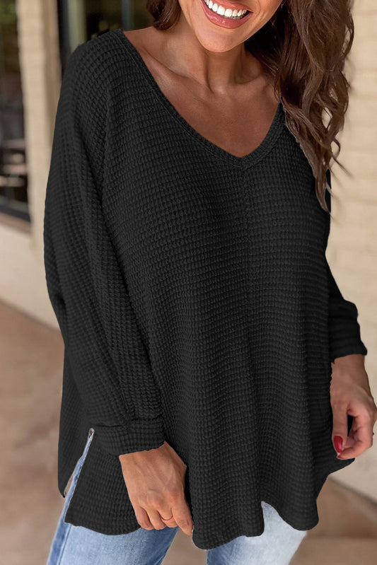 Waffle Knit V-Neck Top