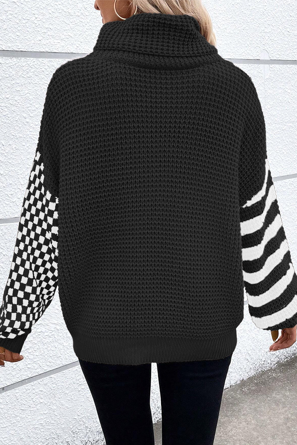 Striped Patchwork Waffle Knit Turtleneck