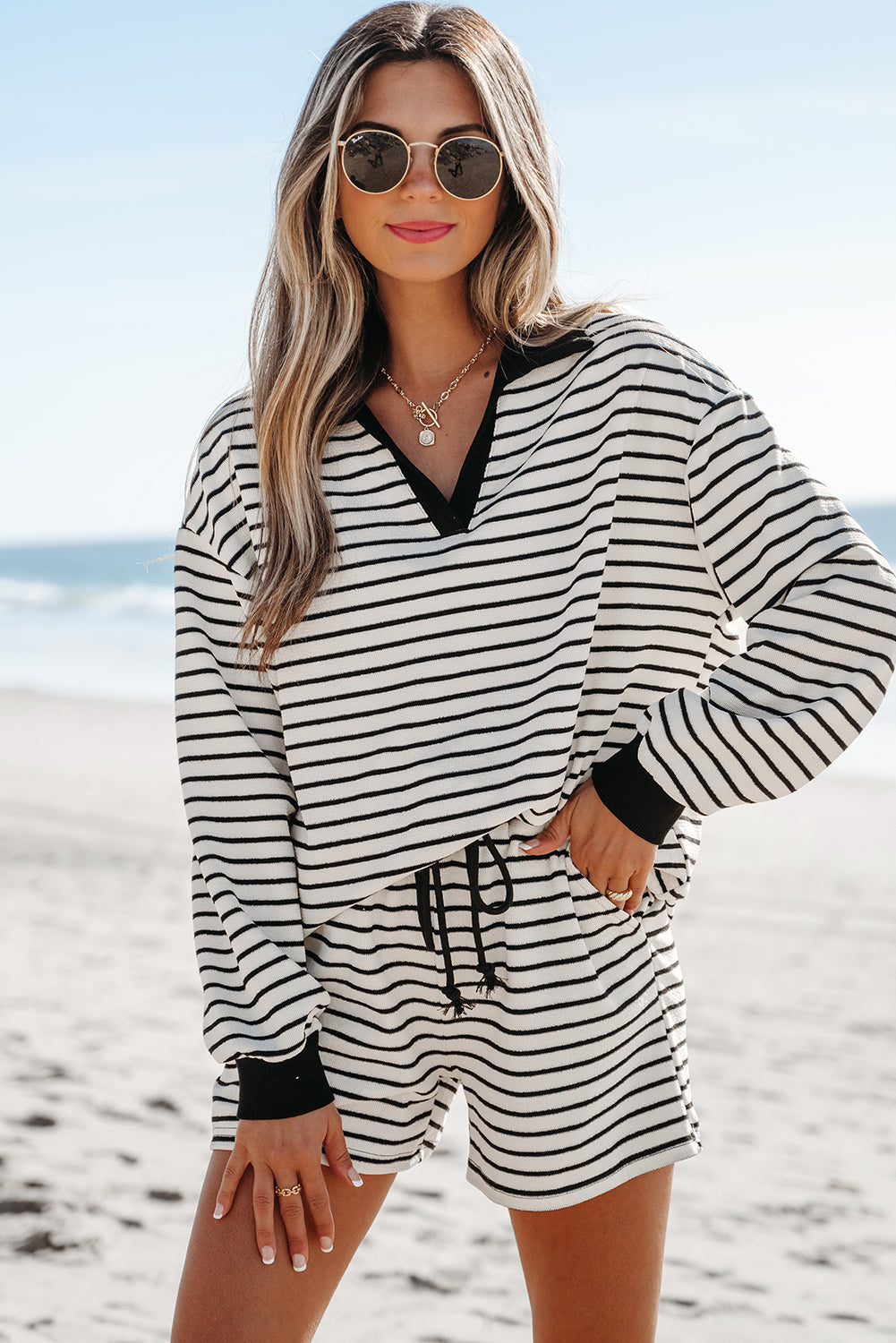 Stripe and Drawstring Short Set