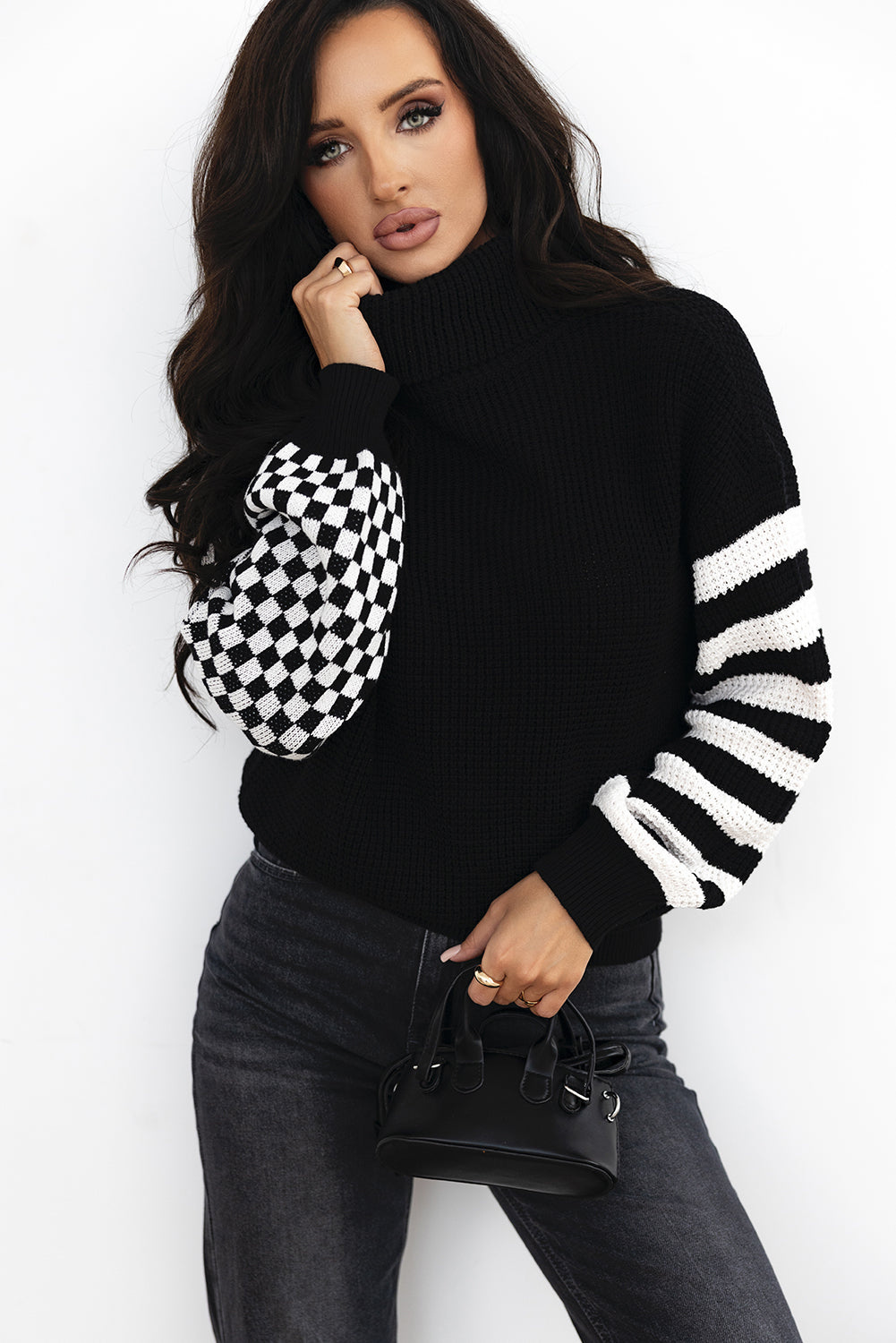 Striped Patchwork Waffle Knit Turtleneck