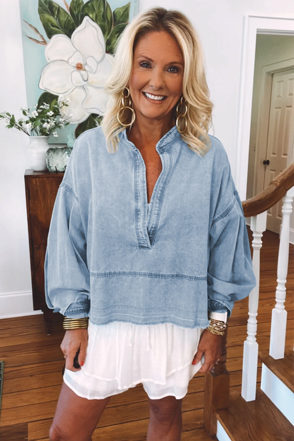 Light Wash V-Neck Denim Top